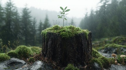 Tiny sprout on mossy tree stump in rainforest