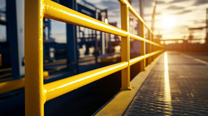 Bright midday sun reflecting sharply off freshly painted yellow safety railings around production deck