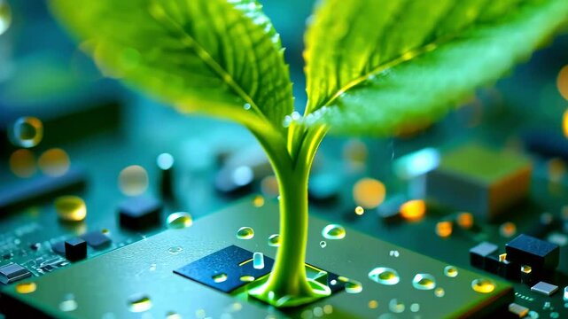 A vibrant green plant sprouting from a microchip, symbolizing technology and nature's harmony