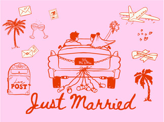 Set of whimsical Just Married wedding icons, Hand drawn Newlyweds wedding car doodles,  Honey moon icons for invitations, wedding signs and web icons