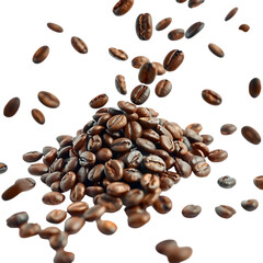 Roasted Coffee Beans Falling and Piling Up on a transparent background