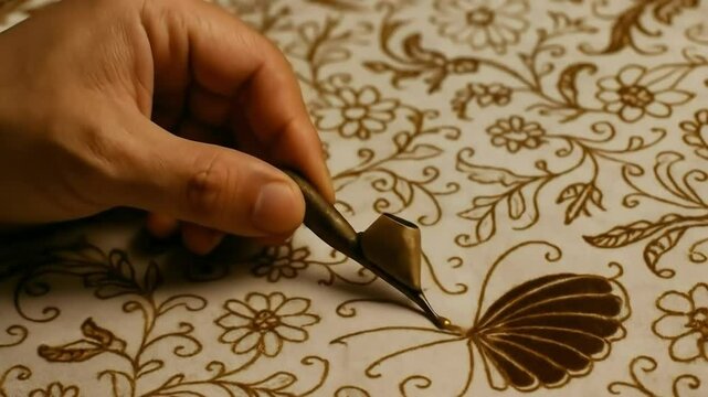 A hand draws intricate batik patterns on fabric using a traditional canting tool, creating detailed floral designs in warm, earthy tones.