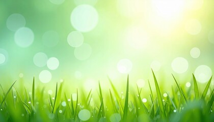 Obraz premium Morning dew drops on lush green grass nature scene soft lighting tranquil environment close-up view serenity concept