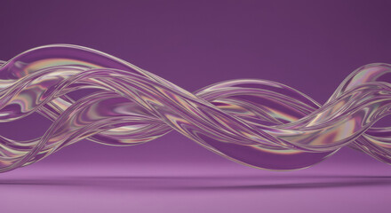 Abstract iridescent flowing ribbons against a purple background. Fluid, dynamic movement with a smooth, glossy finish.