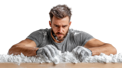 Worker in Gray Shirt with Gloves and White Substance