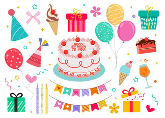 Happy birthday collection with cute birthday elements and cakes. Birthday party vector illustration for greeting card, invitation, event, poster, sticker, prints.