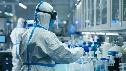 Two healthcare workers in full protective gear, including suits and face shields, operate in a brightly lit laboratory. They're surrounded by various vials, beakers, and scientific equipment