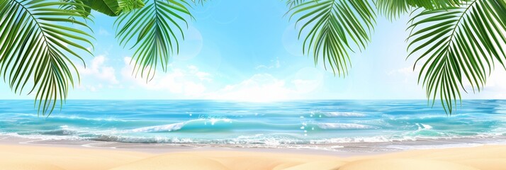Obraz premium Idyllic beach landscape with ocean waves and palm leaves, space for ad text