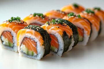 Sushi rolls with salmon, cucumber, and sesame on a white background