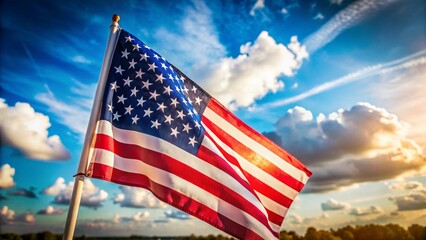 Naklejka premium The USA flag, showcasing its iconic stars and stripes, waves proudly against a vibrant blue sky, symbolizing American patriotism and freedom