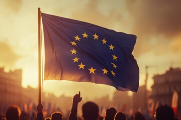 EU flag waving at sunset during a public gathering in a European city