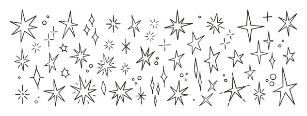 Stars, big set. Crayon hand drawn twinkle magic symbols. Shine, spark or light chalk elements. Line sketch and silhouettes sparkle icons. Doodle black glitter sparks. Vector illustration