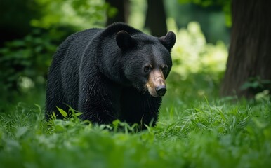 Obraz premium Majestic black bear roaming through lush green forest environment, showcasing wildlife in natural habitat with dense foliage and dappled sunlight filtering through trees
