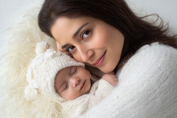 Caucasian mother lovingly embraces her sleeping baby in cozy, soft white clothing.