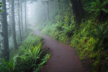 Fototapeta premium Misty forest path surrounded by lush greenery and soft light in the morning