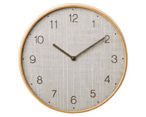 Modern wall clock with textured fabric face and wood frame on a transparent background