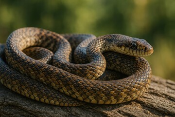 Fototapeta premium Coiled snake on log outdoors.