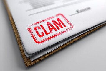 Red Stamped Claim Document on Desk Surface with Folder Background