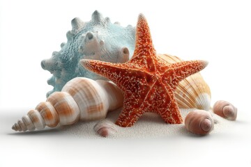 Vibrant Starfish and Shells on a Soft Sand Background in Studio Light