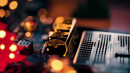 Red Christmas tree decoration with white snowflakes atop a circuit board with integrated chips and orange bokeh effect in the background - Powered by Adobe