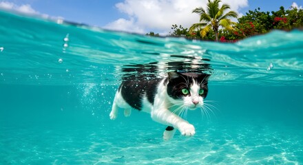 Obraz premium Cat Swimming Underwater in Turquoise Sea