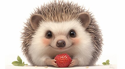 Fototapeta premium Adorable hedgehog holding a tiny strawberry, isolated on a white background