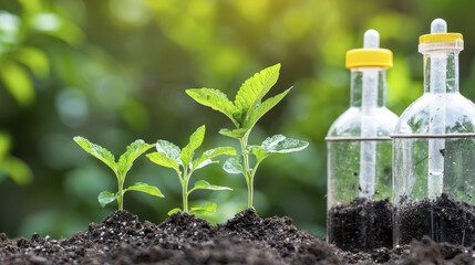 Growing plants in soil with laboratory glassware nearby, symbolizing biotechnology innovation and research in agriculture