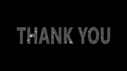 Thank You text made with silver glitter on black background, Shiny grey glitter thank you
