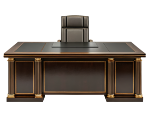 Classic executive office desk with ornate details and chair on a transparent background