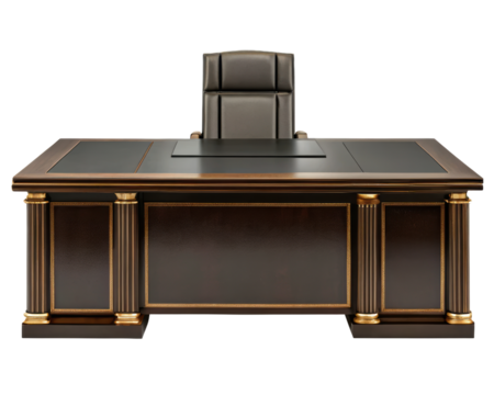 Classic executive office desk with ornate details and chair on a transparent background - Powered by Adobe