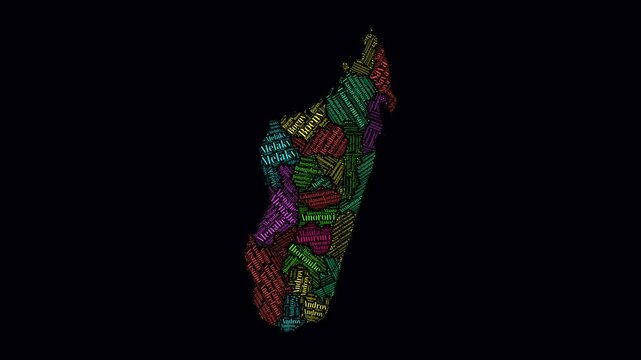 Madagascar Intro Video. Regions Word Clouds Animation. Madagascar regions names in French language fading in on black background. Country building of territory names video. Classy animation.