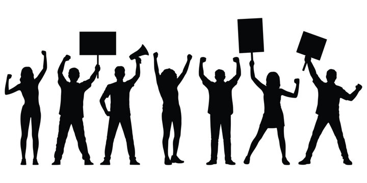 Protester silhouette. Raised sign in protest, man and woman silhouette. People with a sign in protest on a white background.