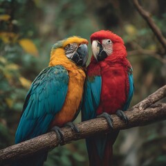 Obraz premium Vibrant Macaws Perched Together in a Lush Tropical Canopy Setting