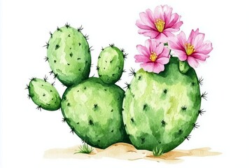 Watercolor illustration of a cactus with blooming flowers, minimal clipart on white background