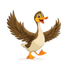 Joyful cartoon duck with spread wings and a cheerful expression, isolated on a white background, inviting and playful character illustration