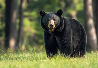 Obraz premium Majestic Black Bear Standing in Lush Green Forest with Soft Light Filtering Through Tall Trees Capturing the Beauty of Wildlife in Nature Photography