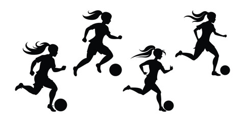 Silhouette set of female soccer players running with ball, ideal for sports design, posters, team graphics, and athletic illustrations.