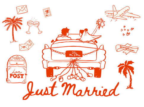 Set of whimsical Just Married wedding icons, Hand drawn Newlyweds wedding car doodles,  Honey moon icons for invitations, wedding signs and web icons
