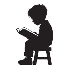 Kid Boy Child Read a Book Vector Black silhouettes. with white background