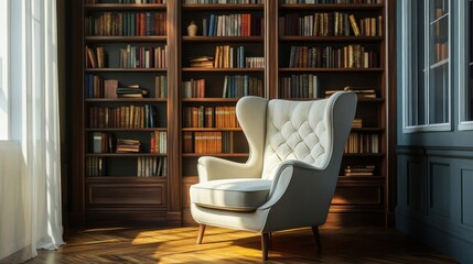 Reading chair positioned near bookcase