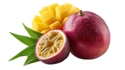 Tropical fruit composition with ripe mango cubes and passionfruit, exotic summer fruit blend with green leaves on neutral background