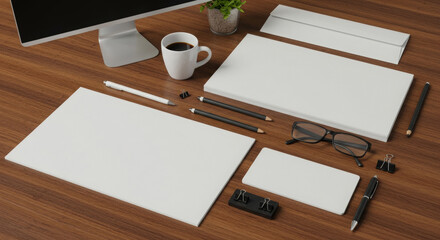 Flat lay of branding materials on a wooden desk. Blank stationery items such as business cards, letterheads, and envelopes are arranged with writing utensils, paperclips, and eyeglasses.