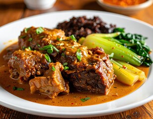 Braised Beef Dish With Bok Choy And Sauce On Plate