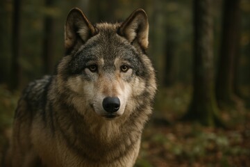 Obraz premium Majestic wolf in forest setting.