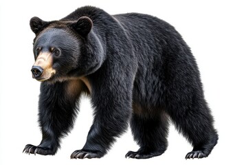 Majestic black bear stands confidently on four paws in a naturalistic pose, showcasing its powerful physique and distinct features against a white background