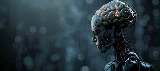 AI robot in profile view with a blurred dark backdrop, space ready for custom text or graphics