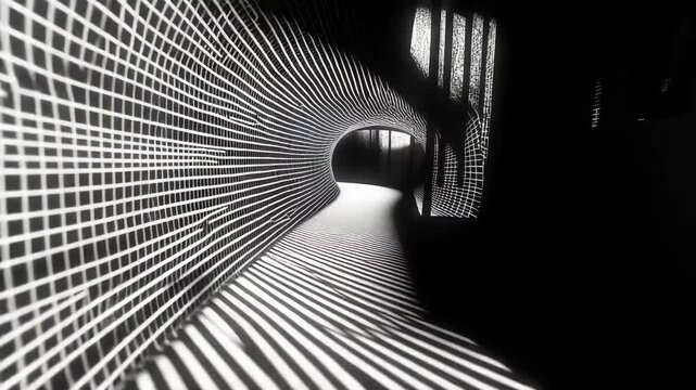 Modern architectural tunnel with geometric patterns and contrasting light