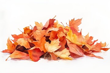 Watercolor of a pile of autumn leaves in warm hues, soft washes of color, plain white background