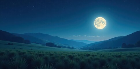Full moon casts light on tranquil field, distant hills, starry backdrop, asset, picture