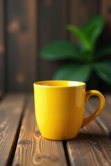 Fototapeta premium Cheerful yellow mug on rustic wood, blurred warm tones , relaxing, aesthetic